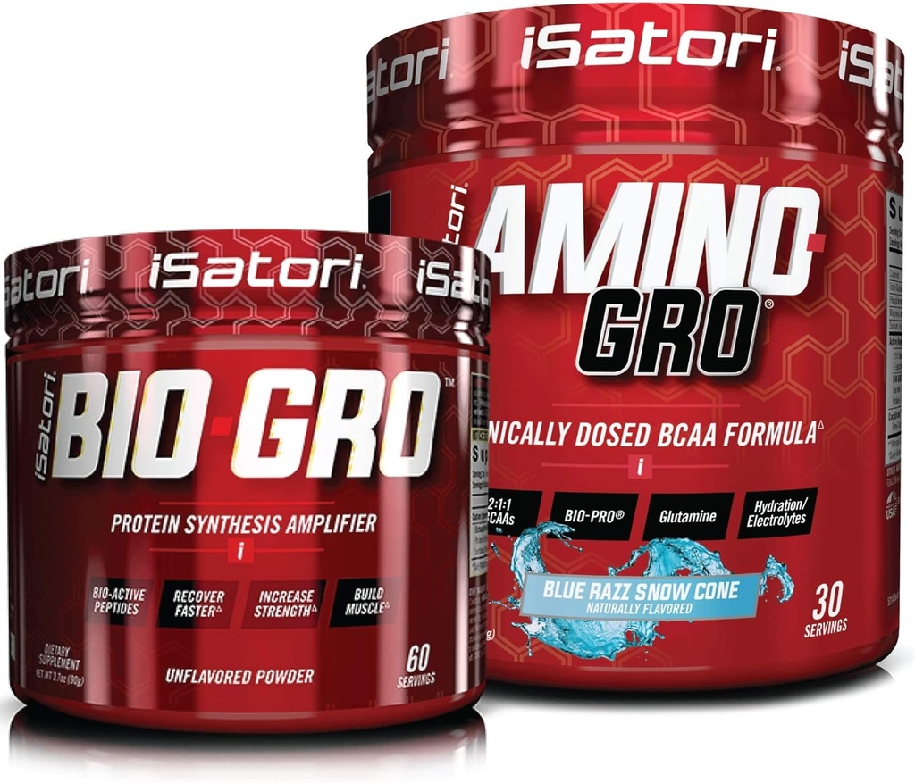 iSatori Bio-GRO Sintesis de proteínas Amplificador - Desarrollado (60 Servings) & iSatori Amino-GRO BCAA Powder - Blue Razz Snow Cone (30 Servings)