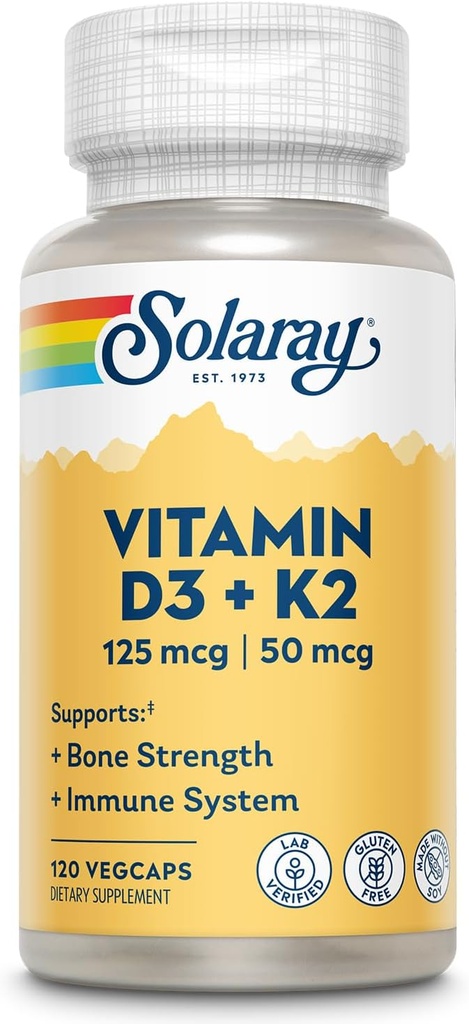 SOLARAY Vitamina D3 K2 - Bone Health and Immune Support Supplement - With 5000 IU Vitamin D as Vit D3 and 50 mcg Vitamin K2 as Menoquinone MK7, Made Without Soy, 60-Day Guarantee, 120 Serv, 120 VegCaps