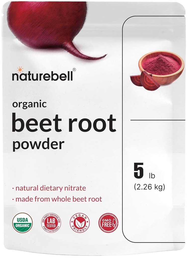 NatureBell Organic Beet Root Powder 5Lbs ← 4,000mg Por Serving – Concentrated Whole Beet Root Source ← High Dietary Nitrates – Raw Superfood Supplements – Great for Vegan Shakes & Smoothies – Non-GMO