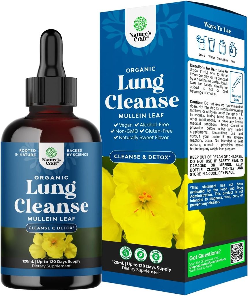 USDA Organic Mullein Drops for Lungs - Herbal Lung Detox &amp; Cleanse with Marshmallow Root Extract " Plantain Leaf for Respiratory Lung Health - Mullein Leaf Tincture Drops for Breathing Support - 120ml