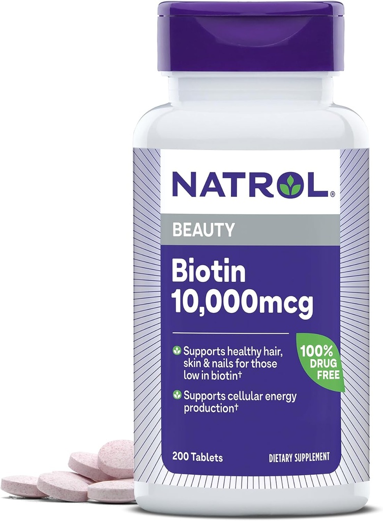 Natrol Biotin 10000mcg, Suplemento para el cabello sano, la piel y las uñas para los bajos en biotina, Plus Energy Metabolism Support, 200 Tablets, hasta 200 Day Supply