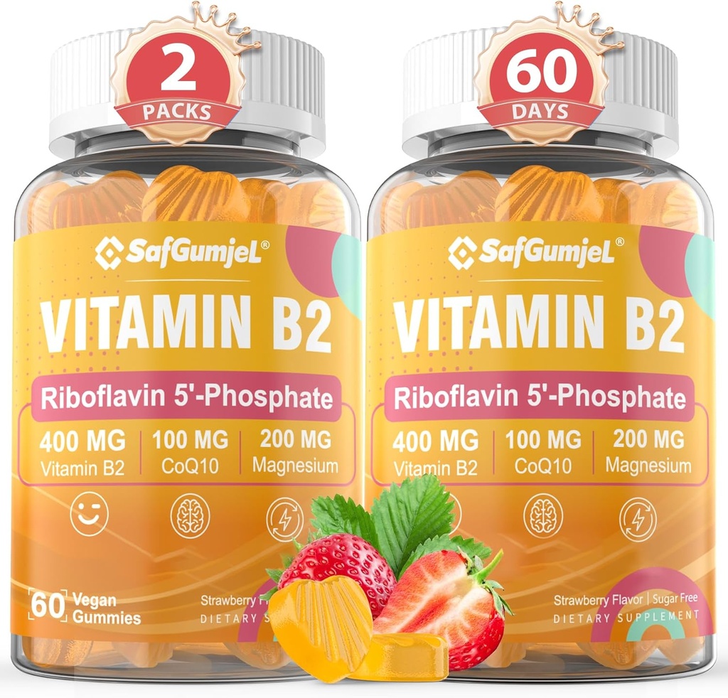 Vitamina B2 Gummies tóxico Riboflavin 400mg para adultos y niños que viven con Magnesium &amp; CoQ10 para la energía y el alivio de la migraña ¦ Sugar Free B2 Vitamina VIT B ← Non GMO, Vegan, 120 Condes