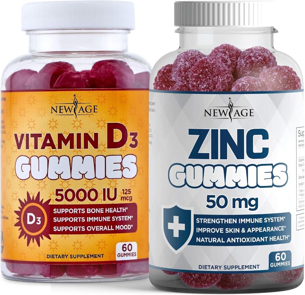 NUEVA AGE Immune Defense Combo - 2 Pack - Vitamina D3 Gummies 5000 UI 125mcg &amp; alta potencia Zinc Gummies, Immune Booster 120 Conde