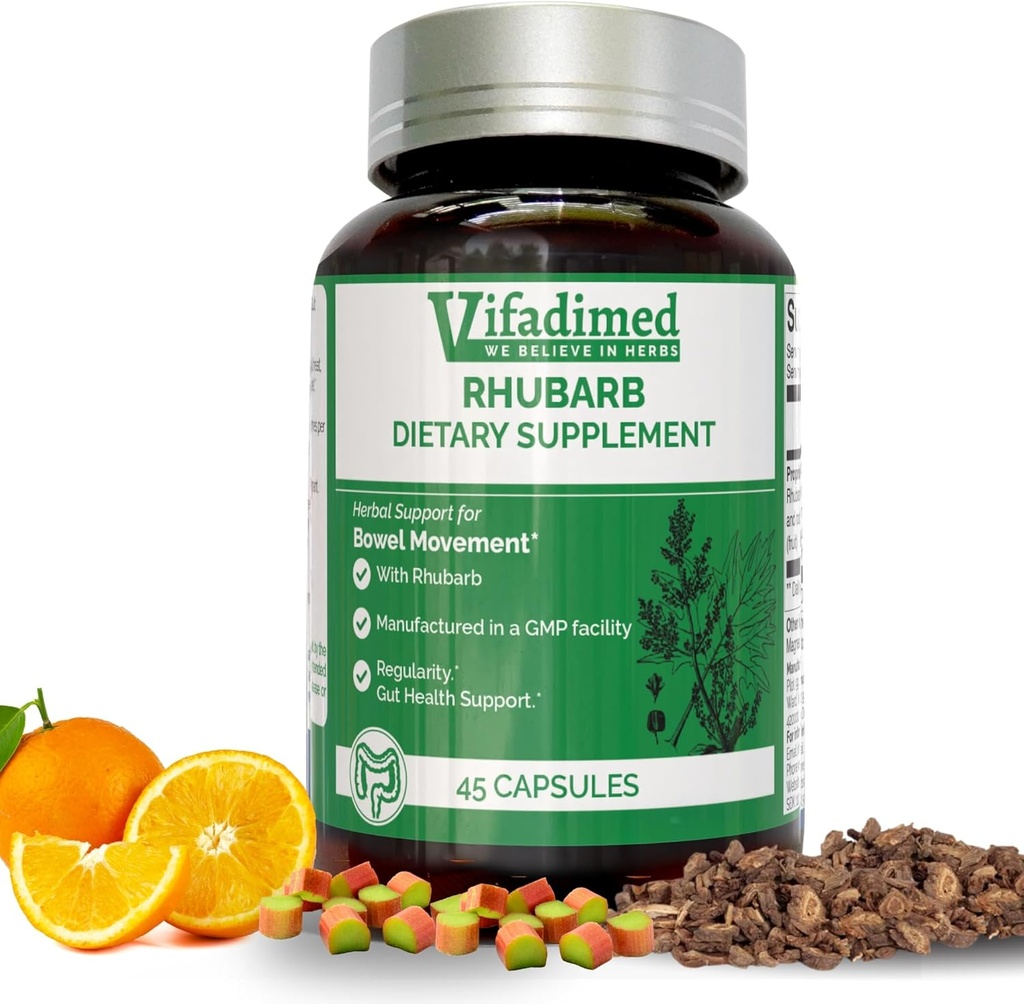 Rhubarb- Herbal Constipation Support, Gut Motility Supplement,Gentle Non-Laxative, Natural Stool softeners, Bloating & Gas Relief, Daily Bowel Movement, Herbal Poop Pills, 45 cápsulas