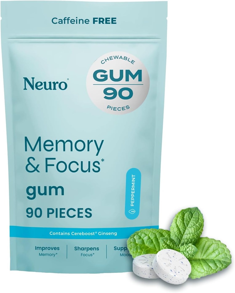 Neuro Memory & Focus Gum (90 piezas) - Dicaf &amp; Sugar Gratis con Ginseng americano, L theanine, Vitamina B12 &amp; Vitamina B6 para alerta mental - Suplementos cerebrales para memoria y foco - Peppermint Flavor