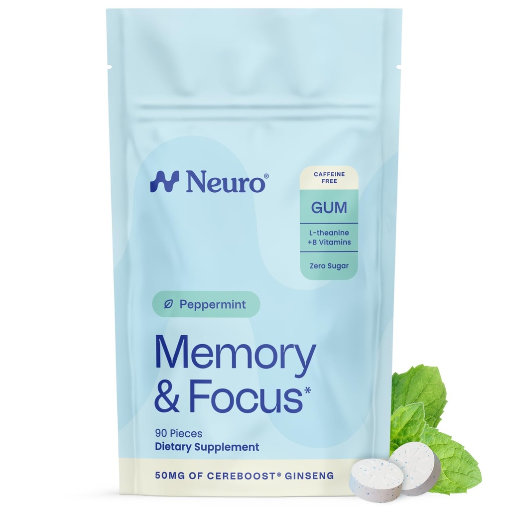 Neuro Memory & Focus Gum (90 piezas) - Dicaf &amp; Sugar Gratis con Ginseng americano, L theanine, Vitamina B12 &amp; Vitamina B6 para alerta mental - Suplementos cerebrales para memoria y foco - Peppermint Flavor