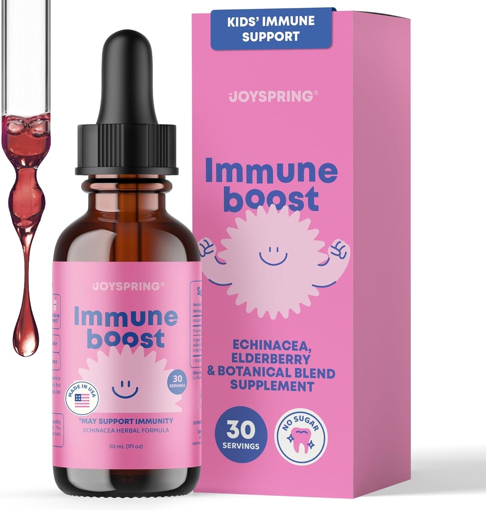 JoySpring Immune Drops - Suplemento de Apoyo a la Inmunidad Infantil (1 fl oz, 30 Servings) con Organic Elderberry Liquid, Echinacea, Oregon Grape Root & Orange Peel for Ages 2-16+ Años y adultos