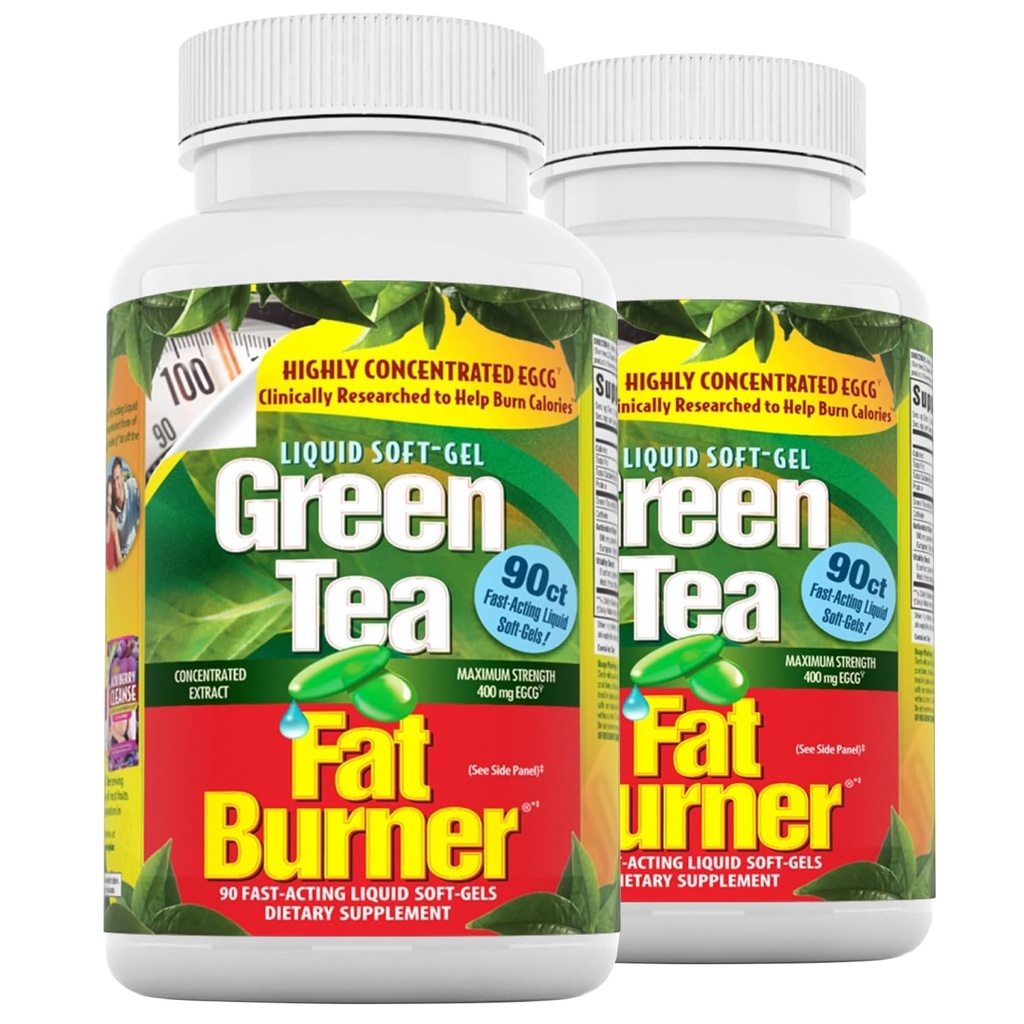 Nutrición aplicada Green Tea Fat Burner - 90 Liquid Soft-Gels, Pack de 2 - Aumenta Calorie Burning &amp; Supplies potentes antioxidantes - 90 Total Servings