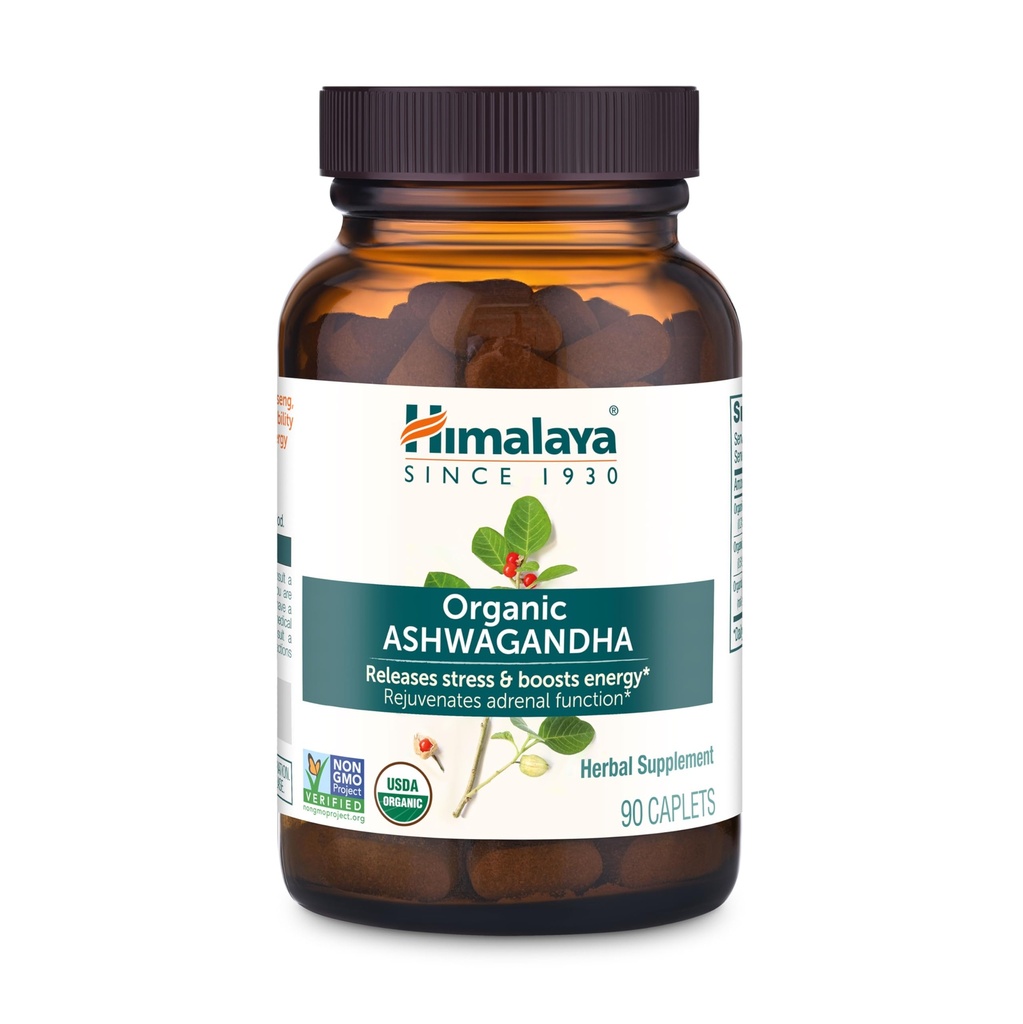 Himalaya Organic Ashwagandha Root, 90 Day Supply - Herbal Adrenal Support Supplements for Stress Relief and Energy Support - USDA Organic, Non-GMO, Vegan, Gluten Free, No Additives, 670 mg, 90 Caplets