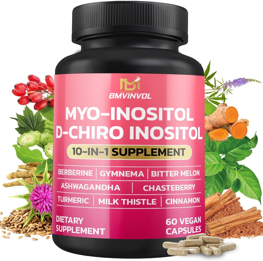 BMVINVOL Inositol Suplemento - Myo-Inositol y D-Chiro Inositol Ideal 40:1 Ratio - Plus Berberine, Cinnamon, Ashwagandha + 5 Más - 60 cápsulas