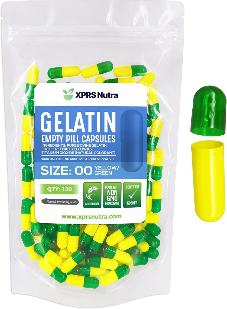 XPRS Nutra Size 00 Empty Capsules - 100 Conde Empty Gelatin Capsules - Pills DIY Capsule Filling - Fillable Pill Gel Caps for Do-It-youself Supplements (Green/Yellow)