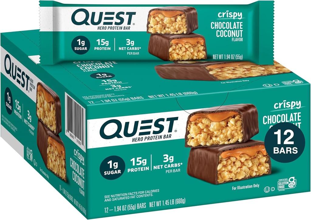 Quest Nutrition Crispy Chocolate Coconut Hero Protein Bar, 15g Protein, 1g Sugar, 3g Net Carbs, Gluten Free Protein Snack, Keto Friendly, 12 Cuenta