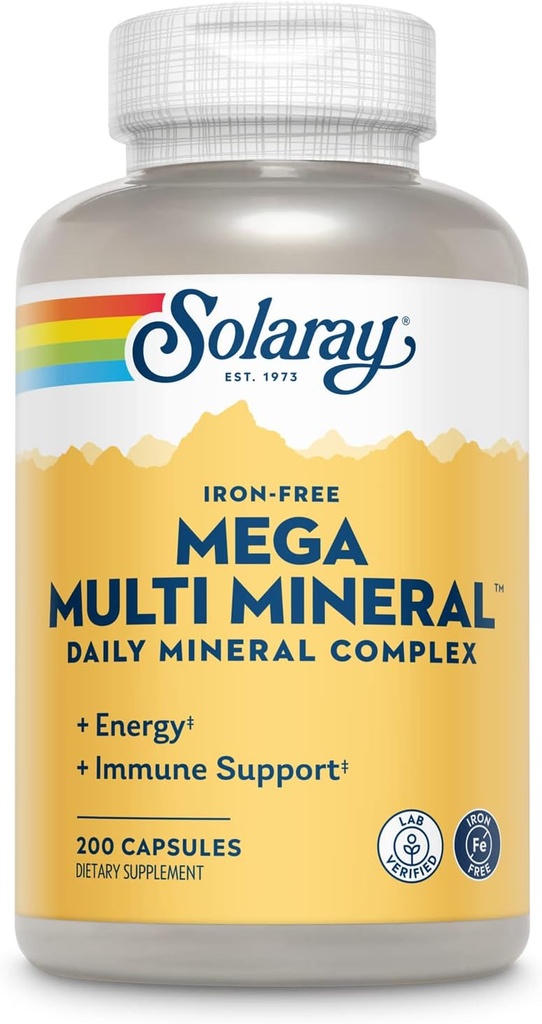 SOLARAY Mega Multi Mineral, Iron Gratis - Suplemento Mineral diario w/Trace Minerals, Electrolitos, Calcio, Magnesio, Zinc, Selenium, Boron - Energía Celular, Apoyo Inmunitario, Garantía de 60 días, 50 Serv