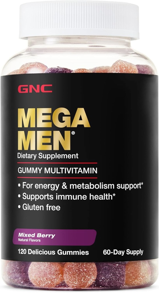 GNC Mega Hombre Multivitamina Gummy, Energía, Metabolismo, &amp; Apoyo Inmunitario, Berry mixto, 120 Conde