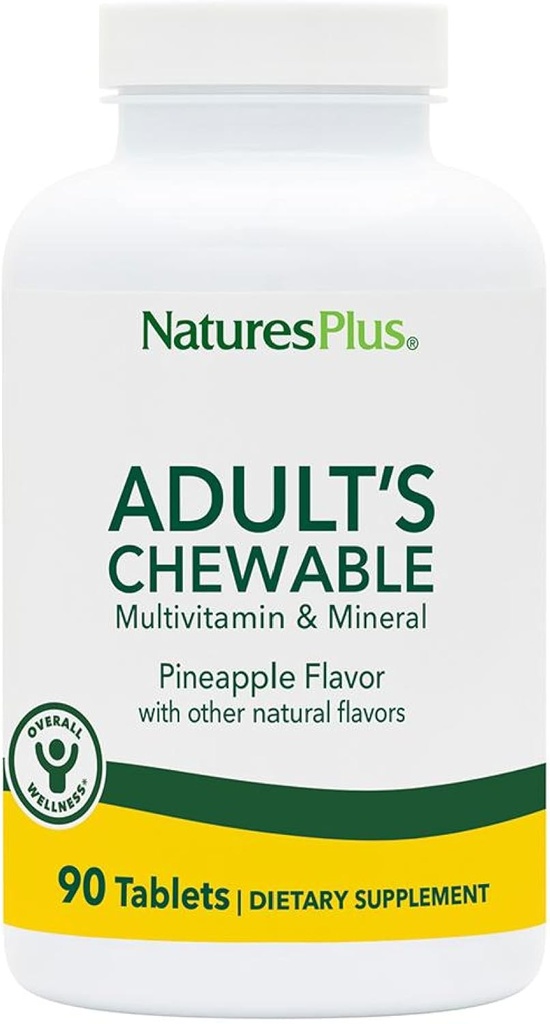 Natures Plus Adult's Chewable Multivitamin - 90 Vegetarian Tablets - Pineapple Flavor - Natural Whole Foods Supplement for Overall Health, Energy - Gluten-Free - 90 Servings