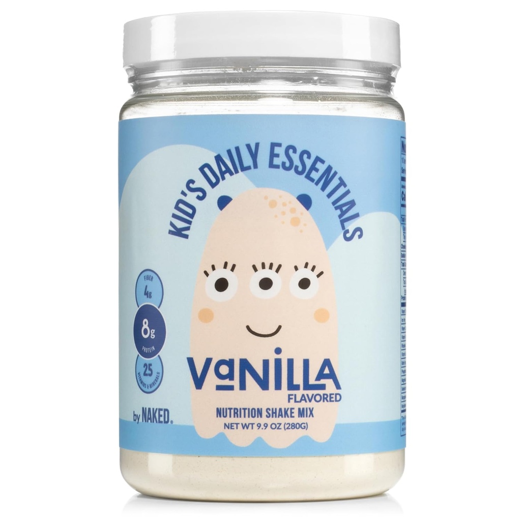 Vainilla desnuda Niños Esenciales diarios, Afeitado de proteínas para niños con leche orgánica, 6 verduras orgánicas, 25 vitaminas y minerales, sin dulces artificiales, sabores, colores o conservantes