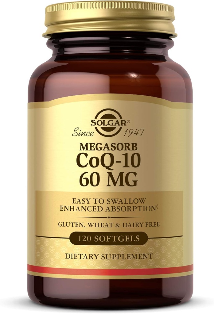 Solgar Megasorb CoQ-10 60 mg, 120 Softgels - Apoya Corazón & Brain Health - Coenzyme Q10 Suplemento - Ausorción mejorada, Fácil de Tragar - Gluten Free, Dairy Free - 120 Servimientos