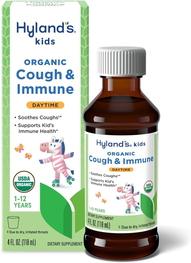 Hiland's Kids Daytime Organic Cough Syrup and Immune Support with Agave, Elderberry and Pomegranate, Soothes Cough, and Supports Immunity, 4 Fl. Oz
