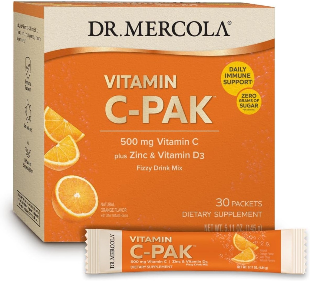Dr. Mercola Vitamina C-PAK, 30 Serviciones (30 Packets), Fizzy Drink Mix, 500 mg Vitamina C, con Zinc y Vitamina D3, Natural Orange Flavor, Suplemento Dietario, Apoyos Función de Inmune saludable, No GMO