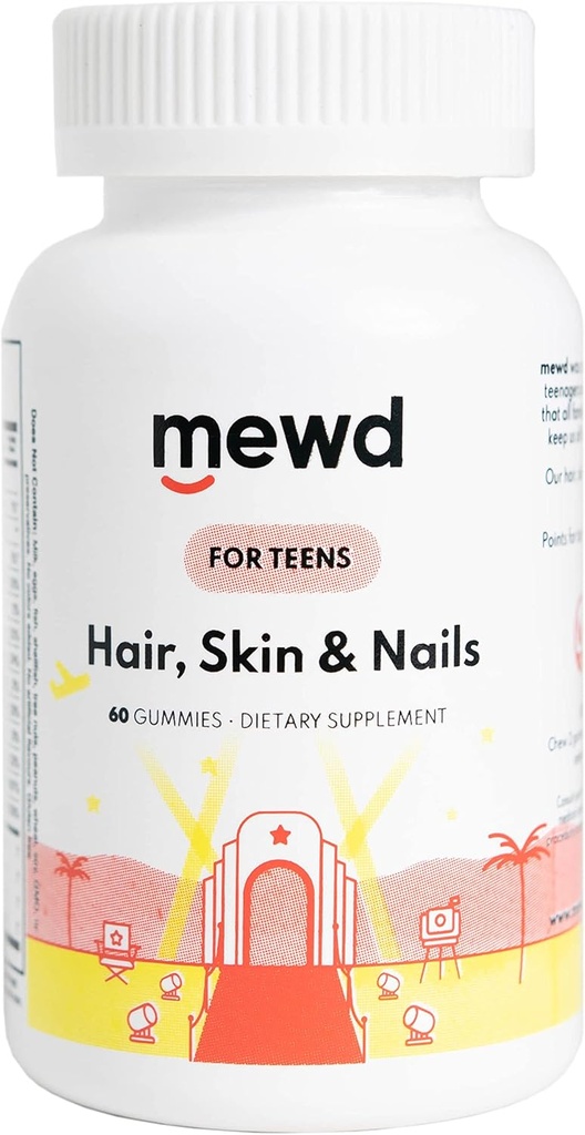 MEWD Teen and Kids Hair, Skin+Nails Daily Multivitamin Gummy Strengtheninger Fórmula - Suplementos de Vitamina Chewable con Biotin,Zinc,Vitamins A, B, " D3 para Niñas " , 60, Made in USA