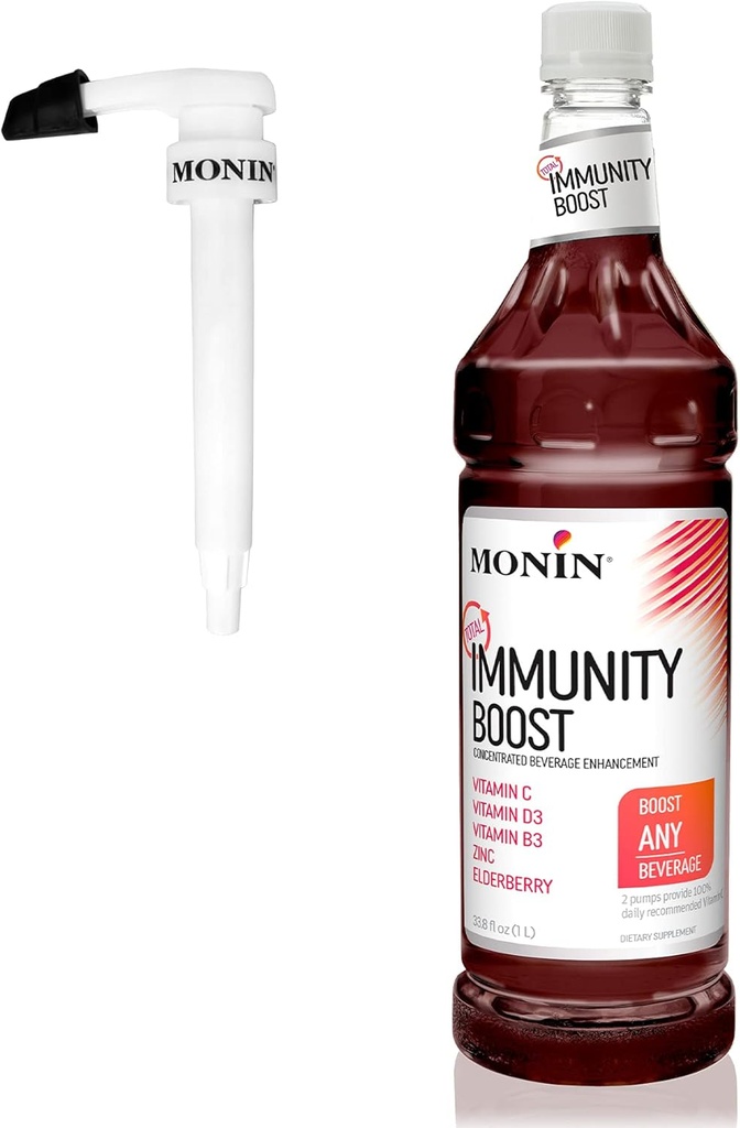 Monin - Total Immunity Boost, Immune Support Supplement, Liquid Blend of Vitamins, Minerals, " Antioxidantes, Immune Boosting Vitamin C &amp; D + Elderberry, For All Beverages, Low Calorie (1 Liter + Bomba)