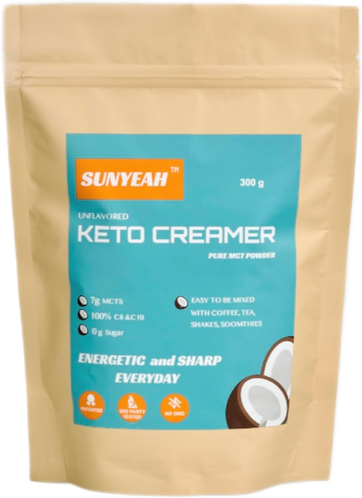 SUNYEAH MCT Powder- MCT Oil Powder, KETO Coffee Creamer, Puro C8 C10, No-Sugar, De coco, 300 g, Excelente en Café, Té, Agua, Shakes, Smoothies, Sinflavoured, No-GMO