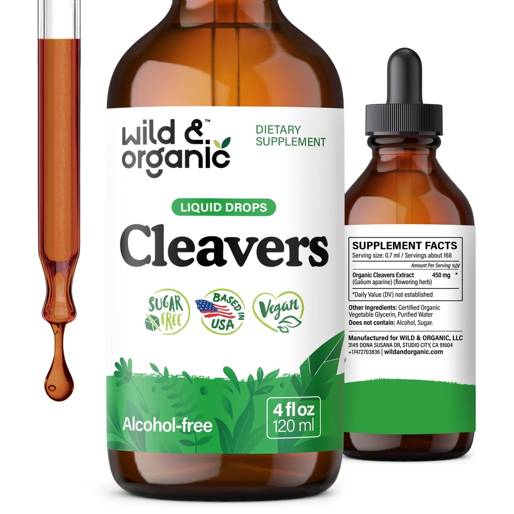 Wild & Organic Cleavers Tincture - Herbal Detox gotas con Cleavers Herb - Galium Aparine Leaf Extracto Suplemento - Vegan, Azúcar &amp; Sin alcohol - 4 fl oz