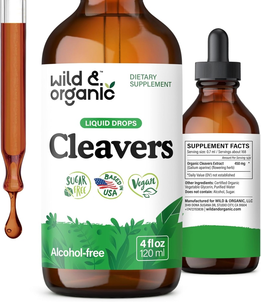 Wild & Organic Cleavers Tincture - Herbal Detox gotas con Cleavers Herb - Galium Aparine Leaf Extracto Suplemento - Vegan, Azúcar &amp; Sin alcohol - 4 fl oz