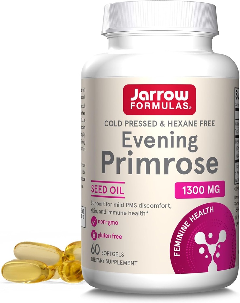 Jarrow Fórmulas Fórmulas Frío Presionadas y Hexane Free Evening Primrose, Suplemento Dietario, Salud Femenina, Apoyo a la Salud de la Piel e Inmune, 60 Softgels, hasta un suministro de 60 días
