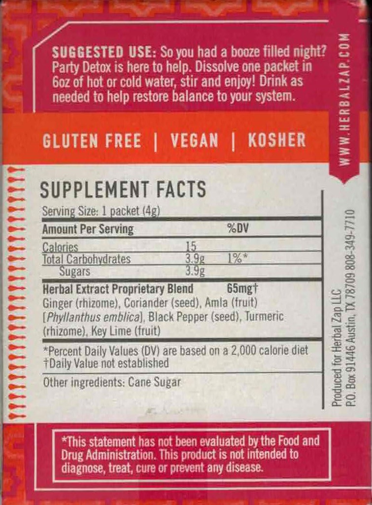 Herbal Zap Party Detox Ayurvedic Herbal Suplemento 1 Caja de 25 Packets