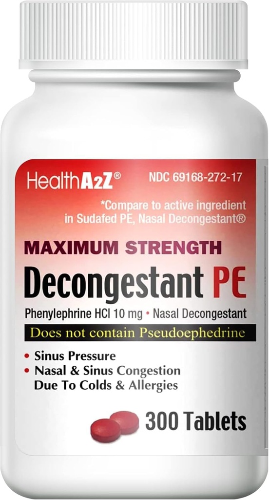 HealthA2Z® Decongestant PE ← Phenylephrine HCl 10 mg peru Maximum Strength ← Nasal &amp; Sinus Congestion Relief Debido a las alergias frías (300 Conde (Pack of 1))
