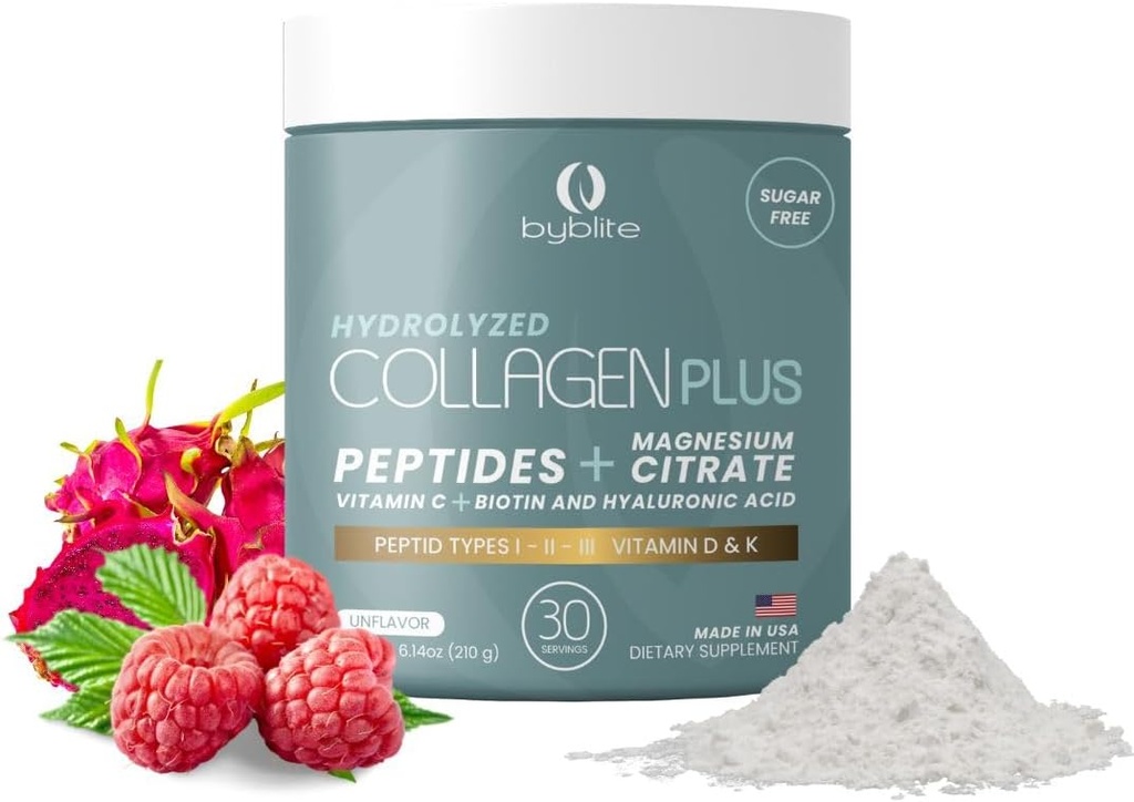 Colageno Hidrolizado para Mejorar Articulaciones + Citrato de Magnesio para tu Salud Digestiva + Peptidos I,II,III + Acido Hialuronico + Biotin + Vitamina C, D y K y Fortalece Tus Uñas y Cabello