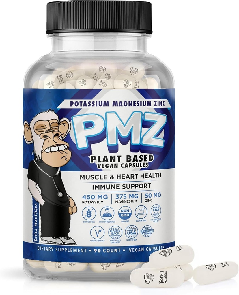 Potasio Magnesio Zinc - Fácil de Tragar - Magnesium Potassium Aspartate Support Vascular, Heart, Muscle & Nerve Health, 90 Vegan Capsules - Tri-Mineral Fusion Formula - por Bored Nutrition