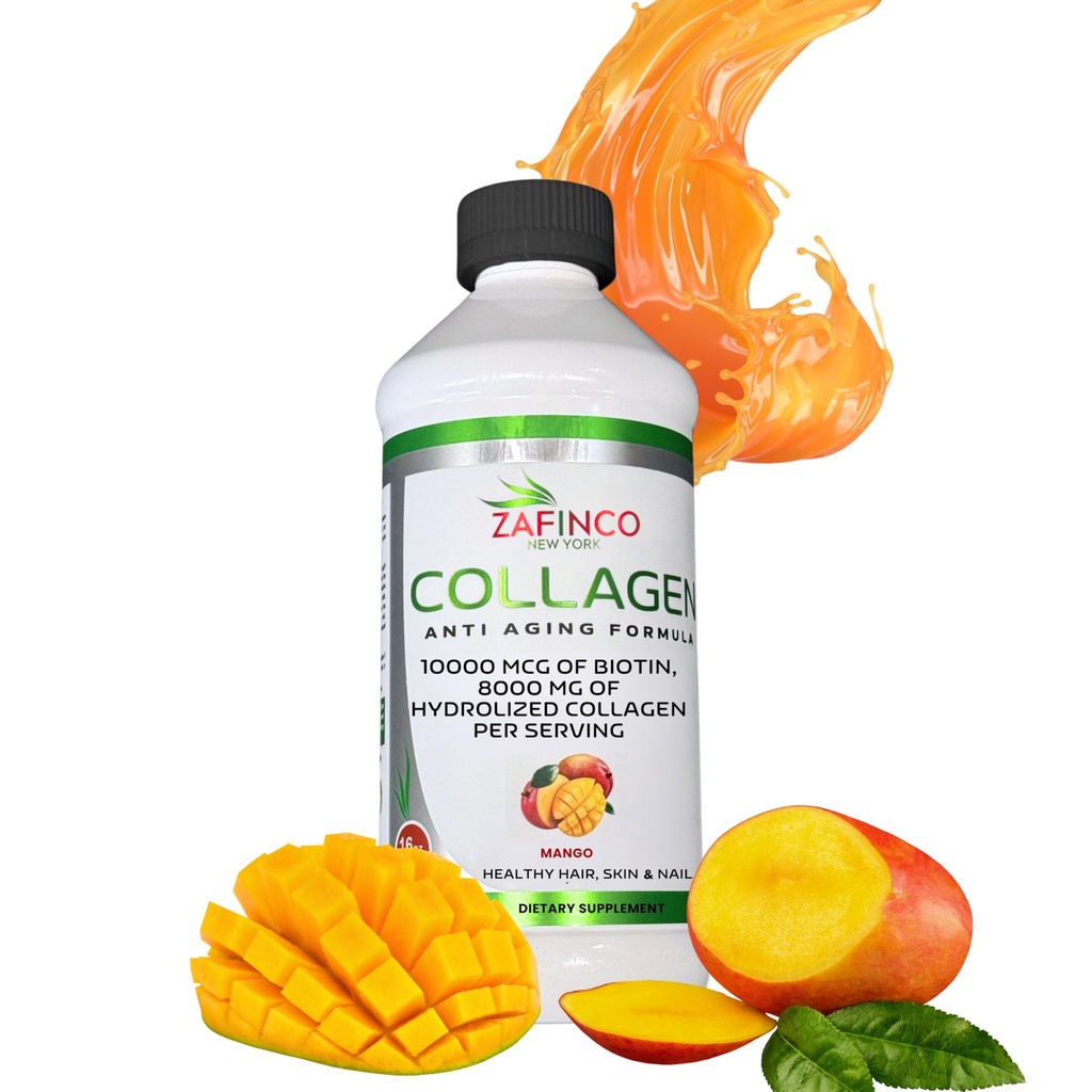 Best liquid collagen (mango flavor) US made & Lab tested sugar free premium peptides for women & men. powerful 10000 mcg Biotin+ 8000 mg hydrolyzed for anti aging glowing skin hair, nail+ joint-16floz