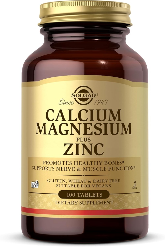 Solgar Calcium Magnesium Plus Zinc, 100 Tablets - Promueve Huesos y dientes saludables - Soporte Nerve & Función muscular - No GMO, Vegan, Gluten Gratis, Dairy Free, Kosher - 33 Serviciones