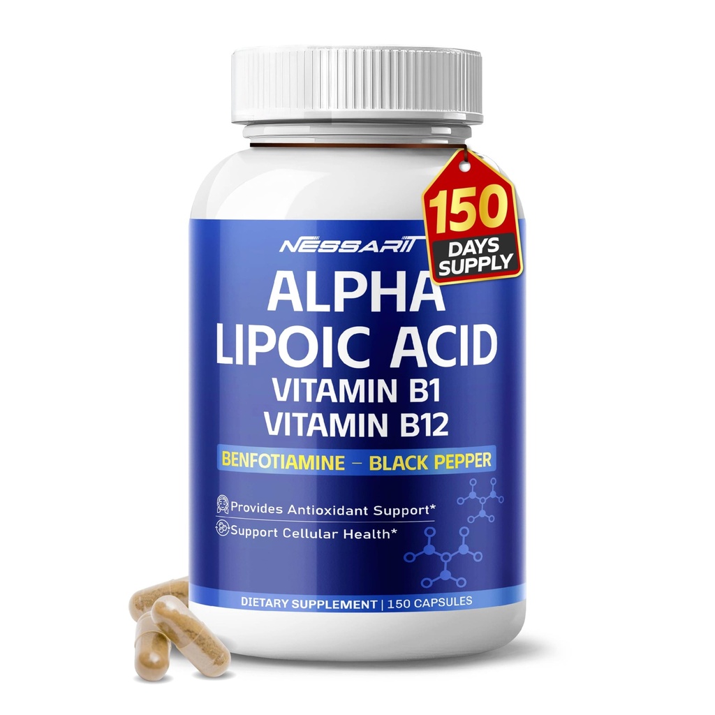 Alfa Lipoic Acid High Potency with Vitamin B1, Vitamina B12, Benfotiamine, Ubiquinol, Black Pepper - Soporte Celular Health - 150 Conde - Hecho &amp; Tested in The USA