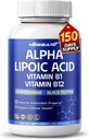 Alfa Lipoic Acid High Potency with Vitamin B1, Vitamina B12, Benfotiamine, Ubiquinol, Black Pepper - Soporte Celular Health - 150 Conde - Hecho &amp; Tested in The USA