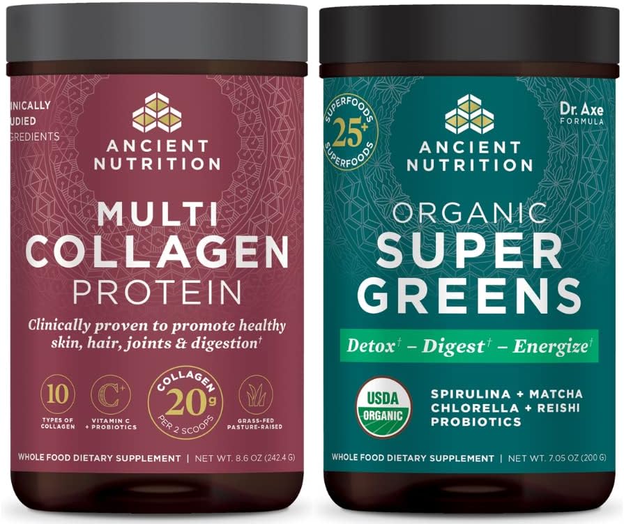 Antigua Nutrición Multi Collagen Protein Powder, Desarrollado, 24 Serviciones + Supergreens Polvo, Greens Flavor, 25 Servimientos