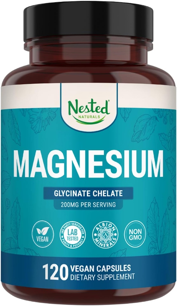 Anidado Naturales Magnesio Glycinate Chelate - 200mg Magnesio Chelated Suplemento para los cáñamos de músculo, Relajación, &amp; Apoyo al sueño - 100% Albion TRACCS Buffered Magnesium Glycinate - 120 Vegan Capsules