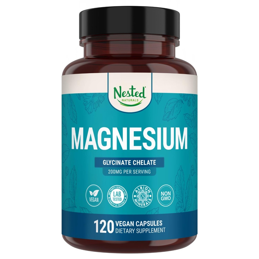 Anidado Naturales Magnesio Glycinate Chelate - 200mg Magnesio Chelated Suplemento para los cáñamos de músculo, Relajación, &amp; Apoyo al sueño - 100% Albion TRACCS Buffered Magnesium Glycinate - 120 Vegan Capsules