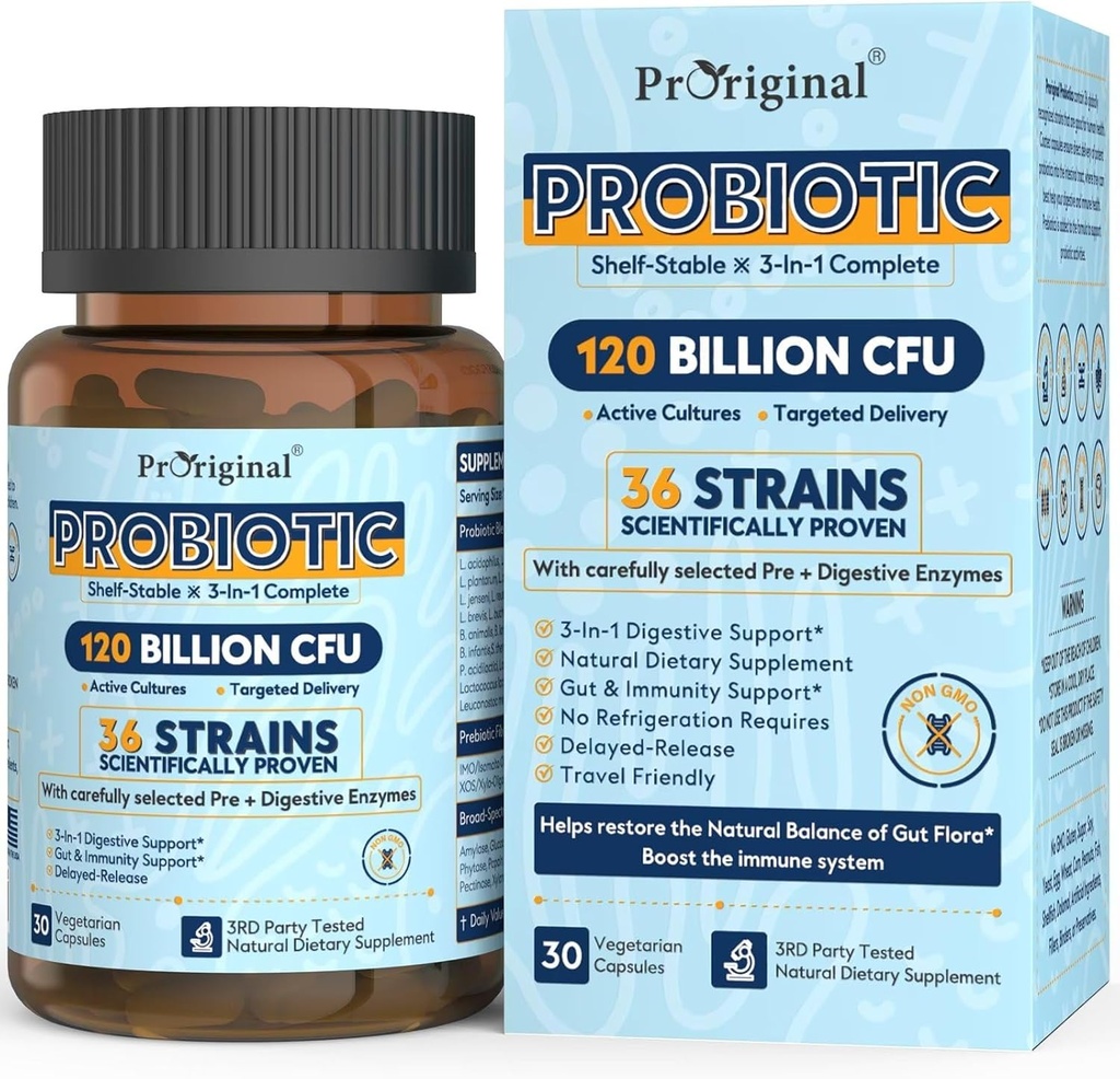 Probióticos para Mujeres y Hombres 120 Billones CFU con 36 Estrechos Probióticos para Salud Digestiva y Salud Gut, cápsulas de liberación retrasada, resistente al ácido estomacal, sin necesidad de refrigeración 30 cápsulas