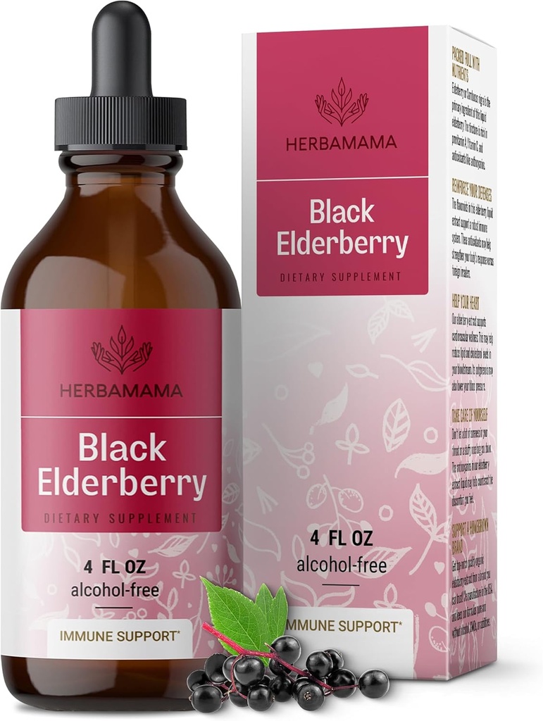 HERBAMAMA Black Elderberry Drops - Vegan Elderberry Liquid Extract for Immune Support - Non-GMO, Alcohol &amp; Sugar-Free Immunity Supplement, 42-Day Supply