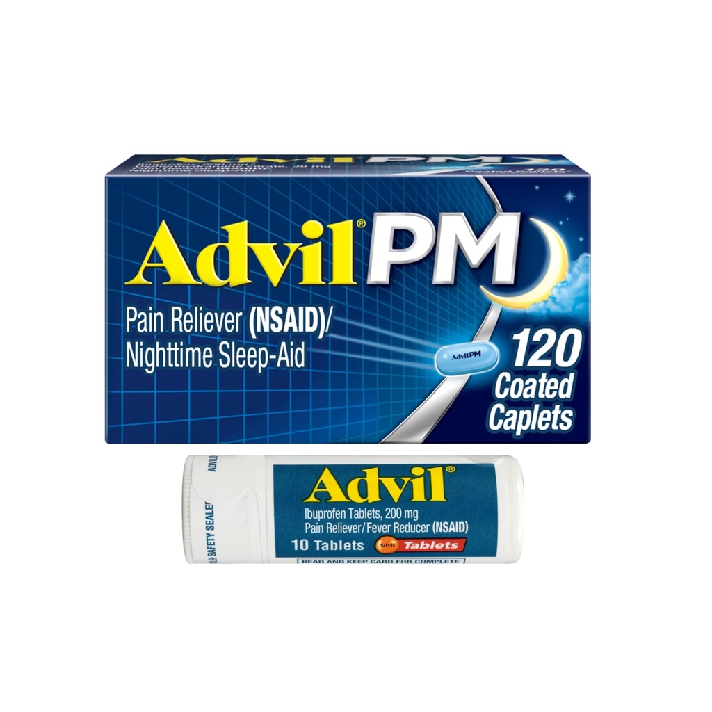 Advil PM Dolor Aliviador de Dolor y Noche de la Ayuda para el sueño, Ibuprofeno para Alivio del Dolor y Diphenhydramine Citrate para una Ayuda para el sueño - 120 Coated Caplets y Reliever del Dolor y Reductor de la fiebre, 10 Contar Tablas