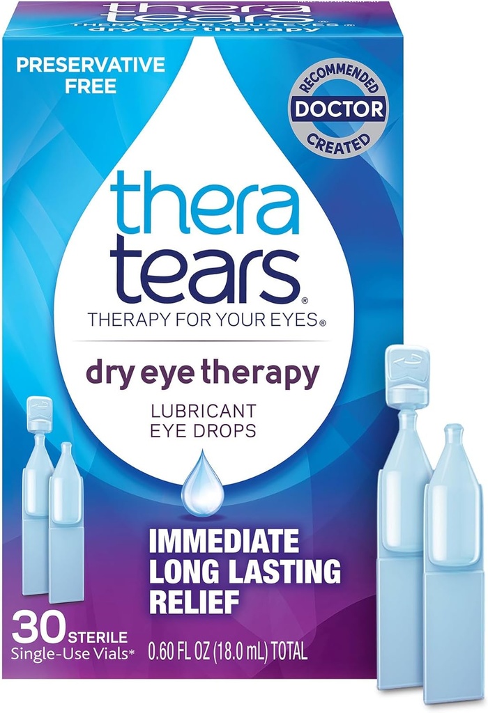 TeraTears Terapia de ojos secos Tiradas de ojos lubricantes para ojos secos, gotas de ojos libres conservativas, 30 Viales de uso único