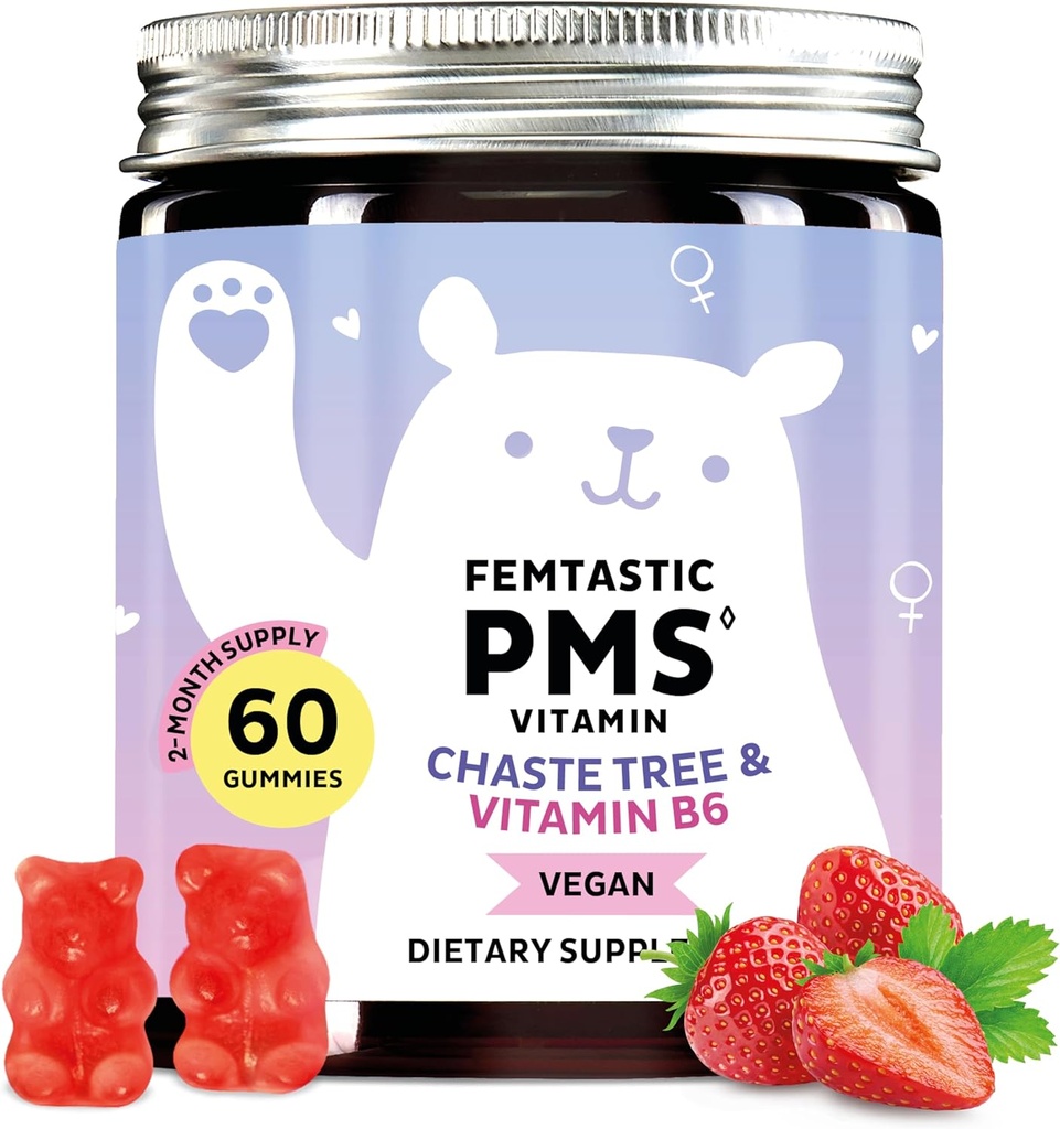 PMS Support Supplement for Women. Gummies de alivio menstrual para atacar brotes hormonales, ruborización, calambres de período, " Mood Swings. Vegano, con Vitamina B6 &amp; Balm de limón, 60 Gummies
