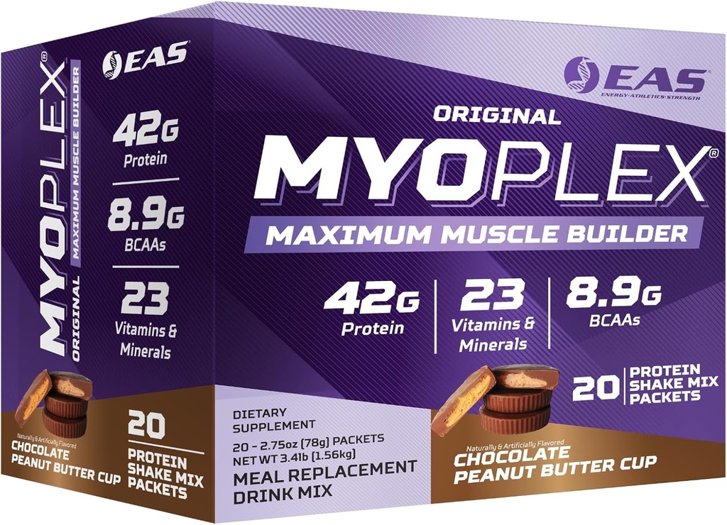 EAS Original Myoplex Maximum Muscle Builder, Meal Replacement Protein Mix | Quality Protein Blend | 42g Protein, 20 Individual Packet (Chocolate Peanut Butter Cup)