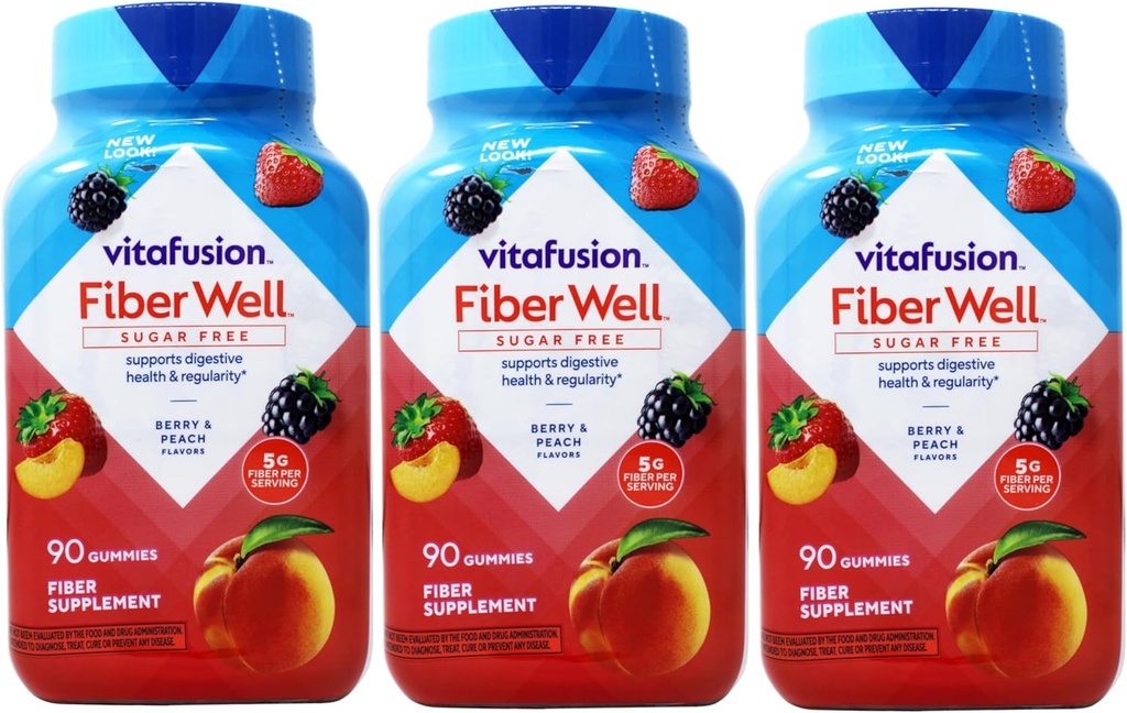 VitaFusion, Fiber Well Gummies, Suplemento de fibra, Sabores surtidos - 90 gummies, Pack de 3