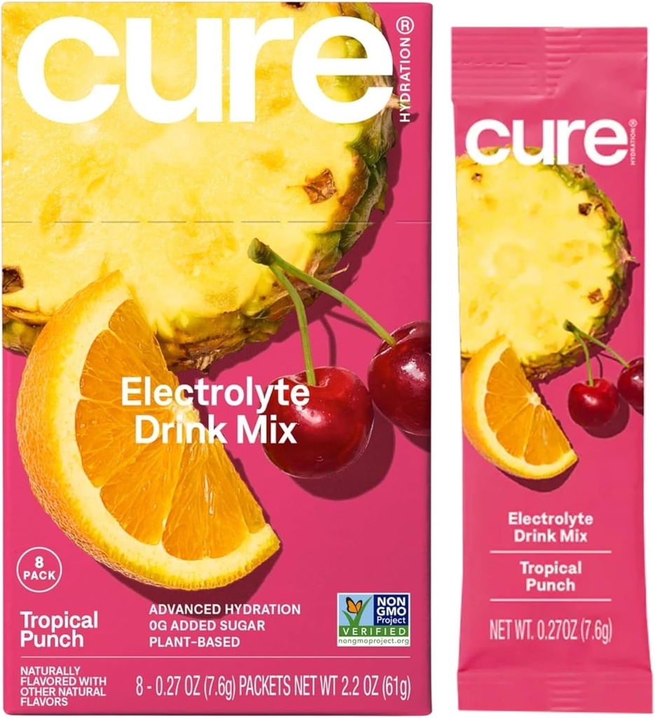 Cure Hydration ¦ Plant-Based Electrolyte Drink Mix ← No Añadido Sugar ← Dehydration Relief Powder Hecho con Coconut Water ← Non-GMO ← Vegan tención Caja de 8 Packets - Tropical Punch