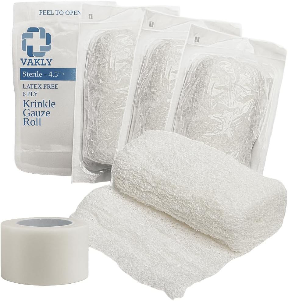 Vakly Sterile Krinkle Kerlix Tipo Gauze Bandage Rolls [5 Pack] Highly Absorbent Fluff 100% Cotton Bandages Roll 4.5"x4.1yds 6-Ply - Medidores de malla rotas individualmente + Cinta médica - Embalaje mayo Vary
