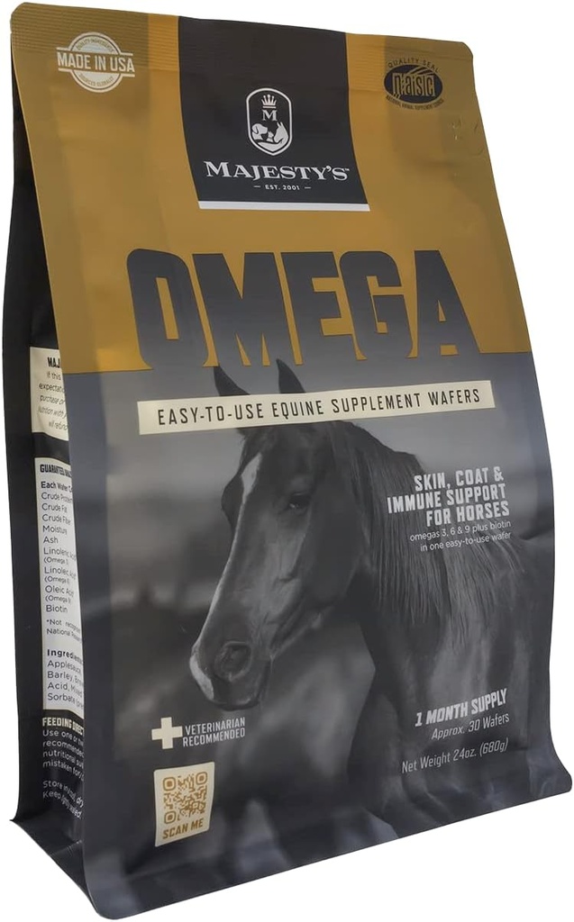 Omega Wafers de Majestad - Caballo Superior / Equino Skin, Carne y Apoyo Inmunitario Suplemento - Omega 3, 6, 9, y Biotina - 60 Cuenta (2 Mes de Suministro)